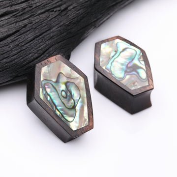 Detail View 1 of A Pair of Tiger Ebony Wood Abalone Inlay Casket Double Flared Tunnel Plug